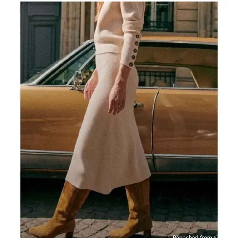 SEZANE M Medium Naelle Skirt Ribbed Beige Natural Midi Length Merino Cotton NWT - Picture 5 of 10